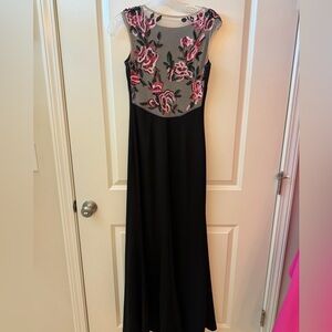Aidan Mattox black dress with sheer rose details